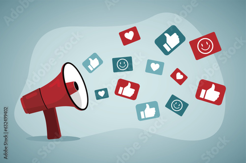 Internet liker, happy social media, like or positive feedback from remote. Megaphone with positive thumbs up symbols.
