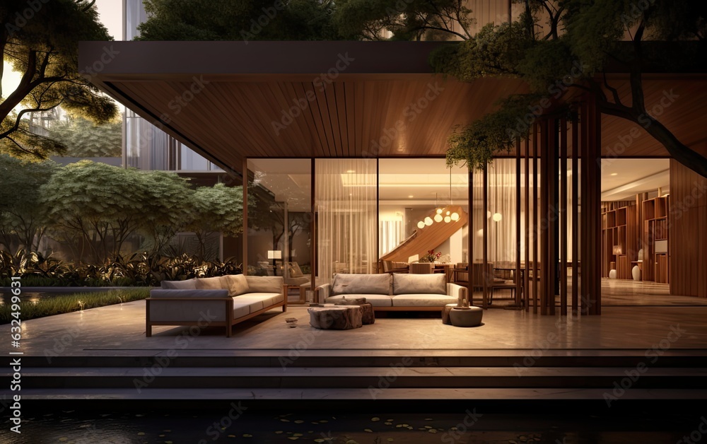 Hanging chair and pouf on wooden veranda in the middle of garden with flowers. Created with Generative AI technology. Hanging chair and pouf on wooden veranda in the middle of garden with flowers. Created with Generative AI technology.