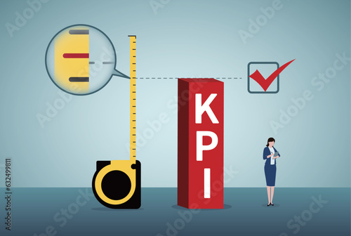 KPI, key performance indicator measurement to evaluate success or target, metric or data to review and improve business concept, businesswoman standing on top of measuring tape measuring performance.