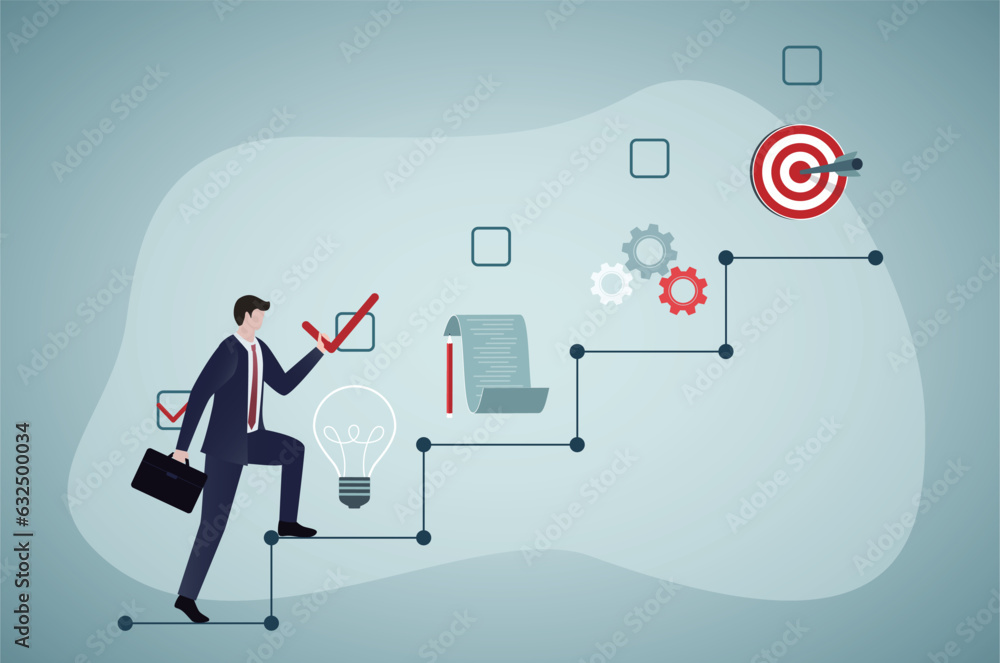 Project Manager Ladder Project management, concept banner. Confident businessman climbs the ...