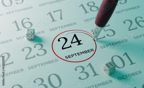 September 24th Calendar date. close up a red circle is drawn on September 24th to remember important events