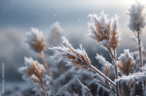 Frosted grass in the morning. Winter background. Beautiful winter landscape.