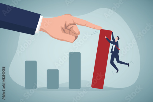 Risk management, insurance. Businessman struggles to hold on to an unbalanced pyramid of cubes with text - RISK. Financial management, balance of income and risks. Flat vector illustration