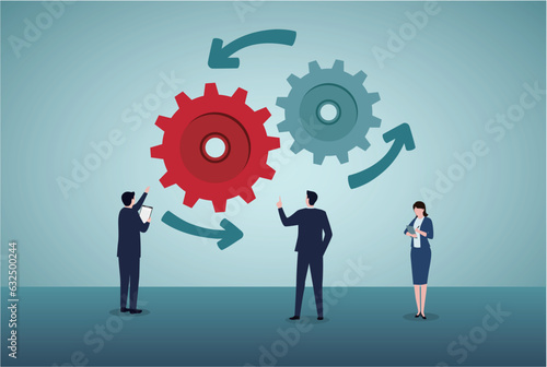 Workflow management, working process optimization for best outcome, team management or development plan and procedure concept, businessman manager optimizing cogwheels workflow system for best result.