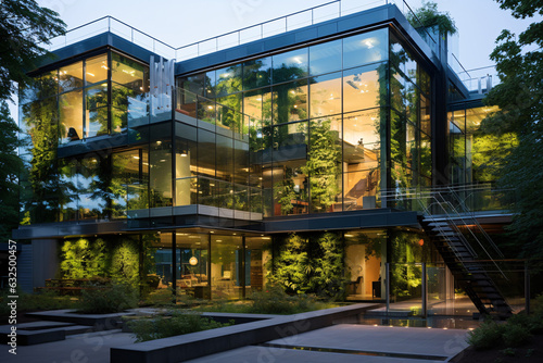 Sustainable green building. Energy efficient building. Sustainable glass office building with trees for reducing carbon dioxide. Office with green environment. Corporate building.