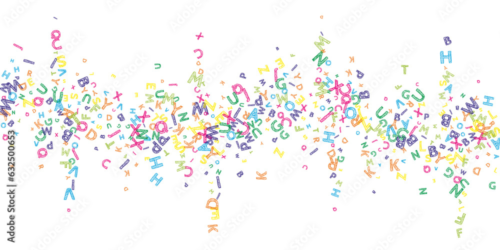 Falling letters of English language. Colorful messy sketch flying words of Latin alphabet. Foreign languages study concept. Ideal back to school banner on white background. Falling letters of English language. Colorful messy sketch flying words of Latin alphabet. Foreign languages study concept. Ideal back to school banner on white background.