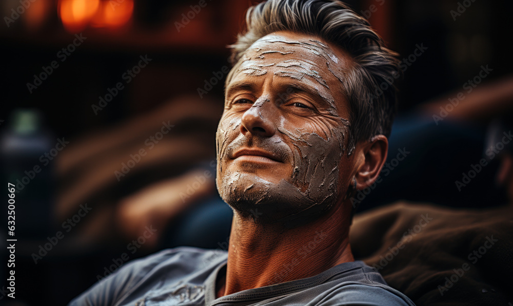 Portrait of a handsome man with a clay facial mask in spa Portrait of a handsome man with a clay facial mask in spa