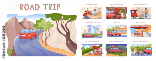 Couple road trip set. Young man and woman going on vacation by a car.