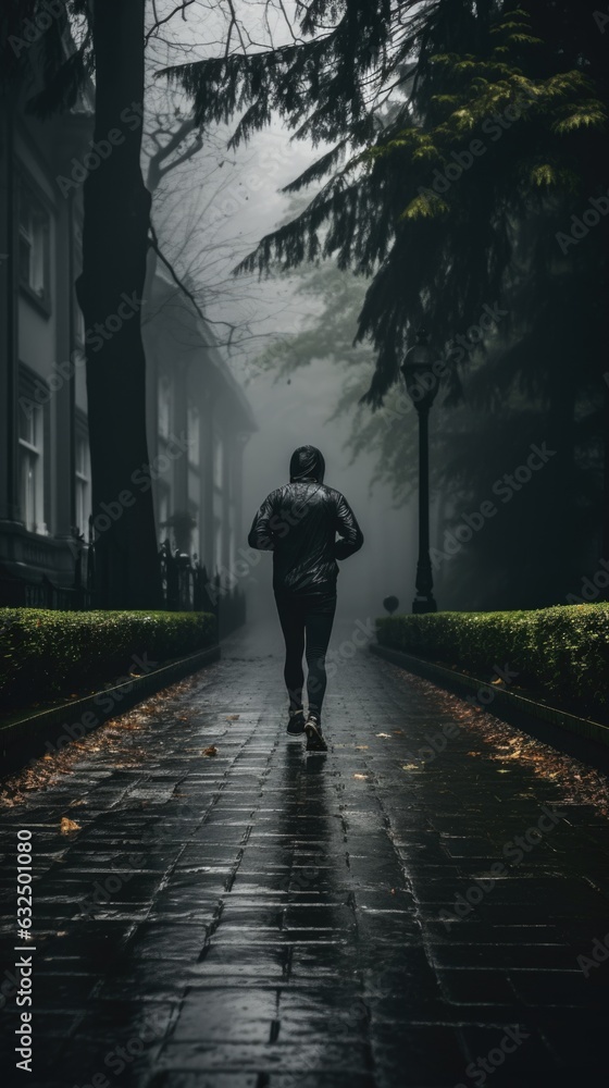 A person walking down a sidewalk in the rain. AI.