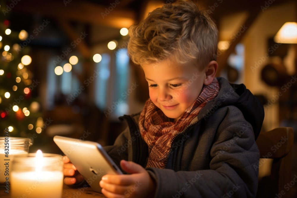 A young boy sitting at a table using a tablet computer. AI. A young boy sitting at a table using a tablet computer. AI.