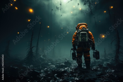 A man in a gas mask standing in a forest. AI.