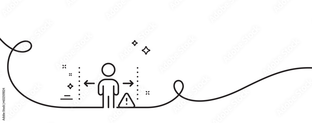 Social distance line icon. Continuous one line with curl. People isolation sign. Prevention rules symbol. Social distance single outline ribbon. Loop curve pattern. Vector Social distance line icon. Continuous one line with curl. People isolation sign. Prevention rules symbol. Social distance single outline ribbon. Loop curve pattern. Vector