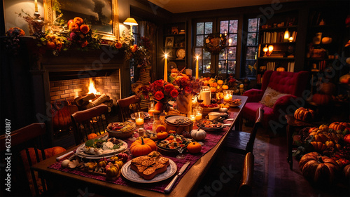 A cozy thanksgiving room with a festively laid table on which there is a turkey pie candles