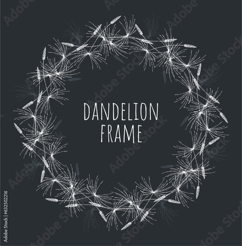 Round frame fluffy seeds on a dark chalkboard background. Design concept for spring and summer holidays