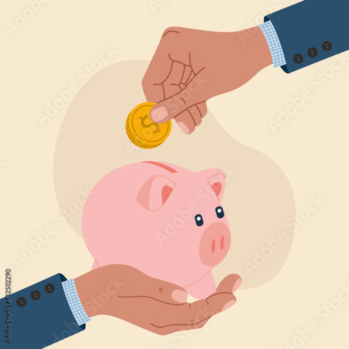Businessman hands putting a coin in a piggy bank. Investments, finance, savings concept. Hand drawn vector illustration isolated on light background, modern flat cartoon style.