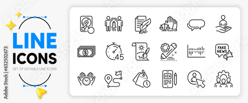 Creative painting, Project edit and Messenger line icons set for app include Court jury, Payment, Column diagram outline thin icon. Phone code, Recovery hdd, Team work pictogram icon. Vector