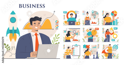 Business development set. Entrepreneurship success and growth strategy.