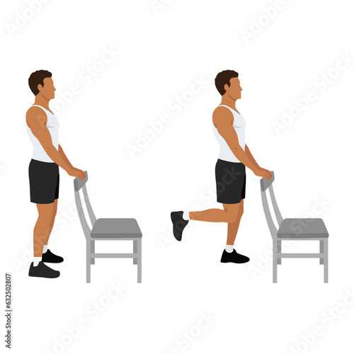 Man doing standing chair or supported hamstring curls exercise. Flat vector illustration isolated on white background