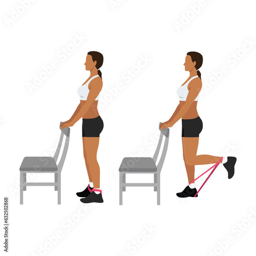 Woman doing standing supported resistance band hamstring curls exercise. Flat vector illustration isolated on white background