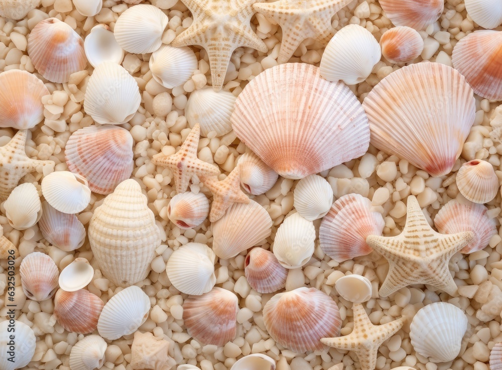 Seashells on sand. Sea summer vacation background with space for the text. Created with Generative AI technology. Seashells on sand. Sea summer vacation background with space for the text. Created with Generative AI technology.