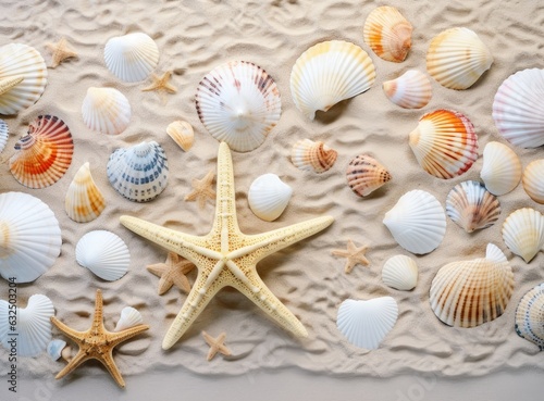 Seashells on sand. Sea summer vacation background with space for the text. Created with Generative AI technology.