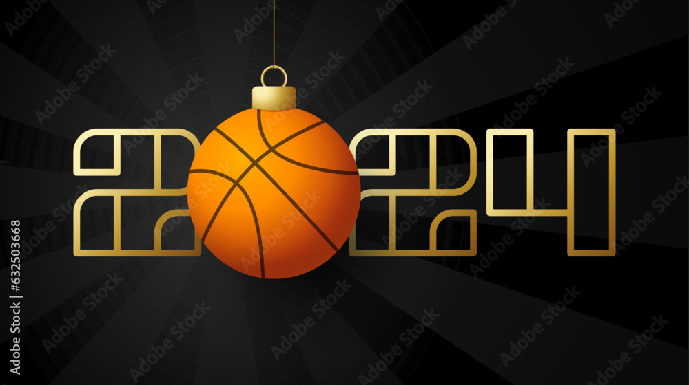 Happy New Year 2024 and basketball ball. Sports greeting card with sport ball. Vector illustration.
