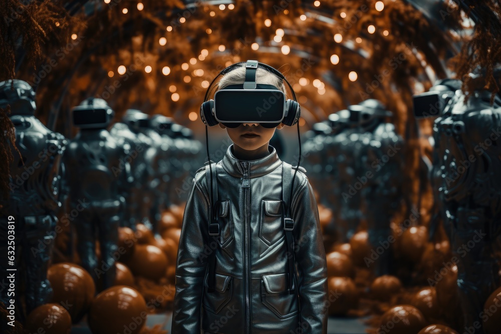 Boy wearing virtual reality headset and in halloween costumes. VR goggles. Generative AI
