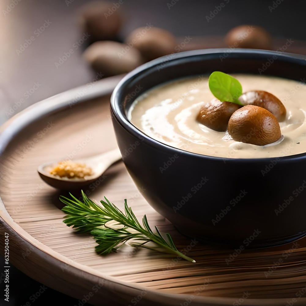 Champignon puree soup on a neutral background generated by AI Champignon puree soup on a neutral background generated by AI