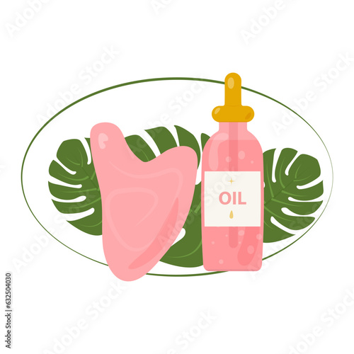 Pink gouache scraper and facial massage oil.
Facial skin care set, anti-aging care, beauty and spa procedure, morning routine.
Vector illustration isolated on white background, with monstera leaves.