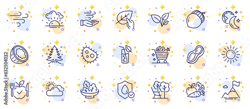 Fototapeta Naklejka Na Ścianę i Meble -  Outline set of Water glass, Leaves and Sunset line icons for web app. Include Vegetables cart, Organic tested, Deckchair pictogram icons. Peanut, Coconut, Vegetarian food signs. Vector
