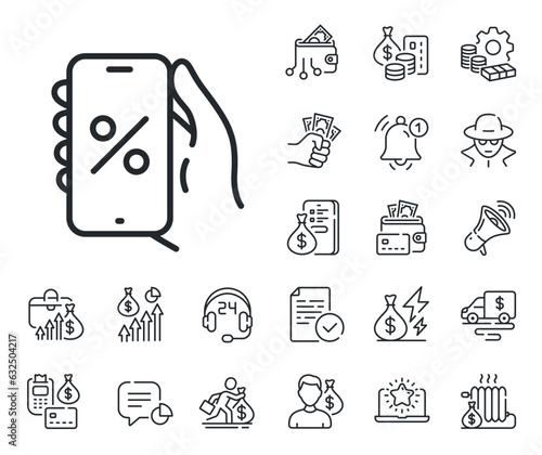 Sale offer sign. Cash money, loan and mortgage outline icons. Discounts app line icon. Phone promotion price symbol. Discounts app line sign. Credit card, crypto wallet icon. Vector