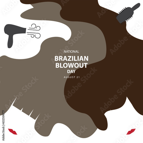 Vector illustration two beautiful blonde hairs with hair dryer, comb and text isolated on white background for commemorate and celebrate National Brazilian Blowout Day on august 21.