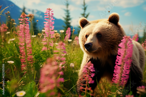 Brown bear on a flower meadow © Uliana