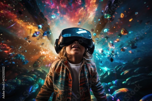 A boy wearing VR headset user, surreal world and virtual reality, colorful flowers fields. Generative AI