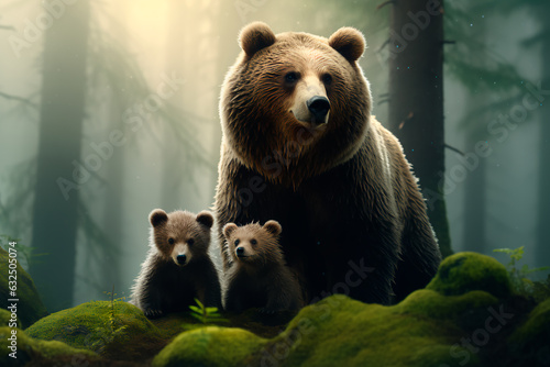 A brown bear with her cubs in a foggy morning forest © Uliana