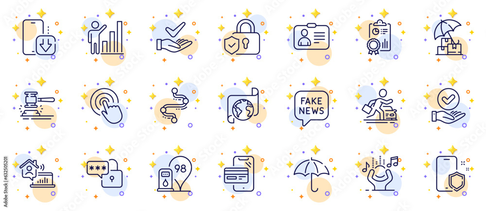 Outline set of Timeline, Translation service and Id card line icons for web app. Include Work home, Petrol station, Dermatologically tested pictogram icons. Fake news, Auction hammer. Vector Outline set of Timeline, Translation service and Id card line icons for web app. Include Work home, Petrol station, Dermatologically tested pictogram icons. Fake news, Auction hammer. Vector