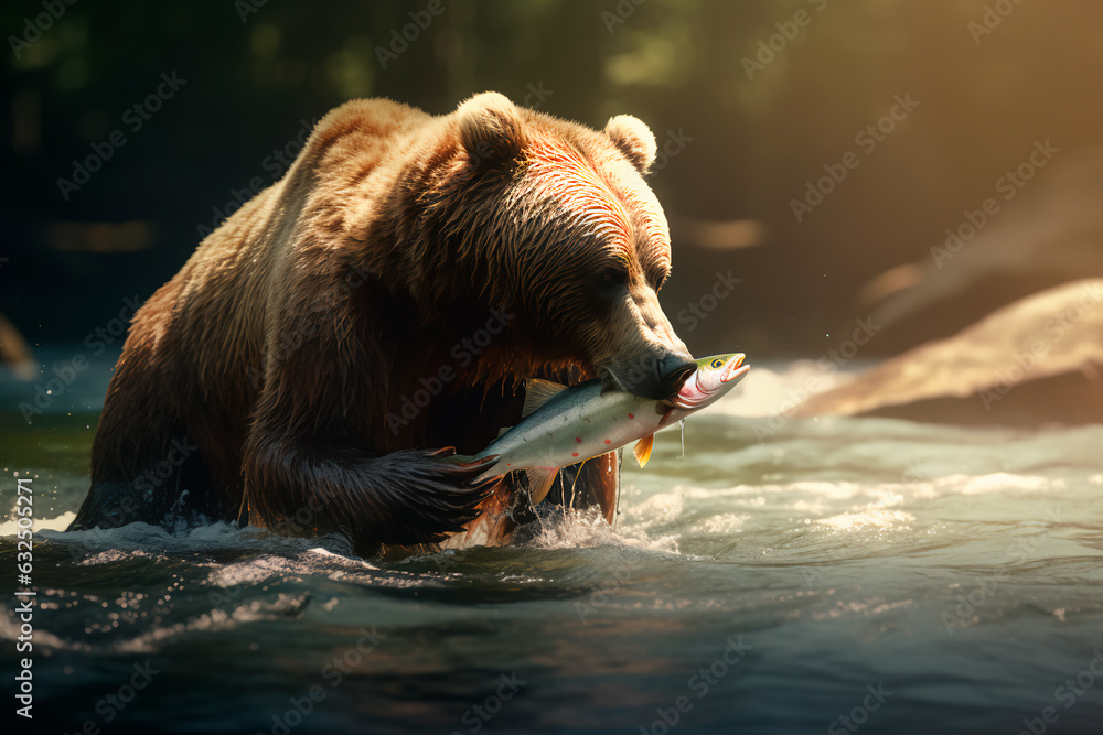 Fototapeta premium Brown bear catches fish in the river