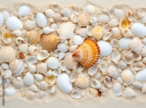 Seashells on sand. Sea summer vacation background with space for the text. Created with Generative AI technology. © lililia
