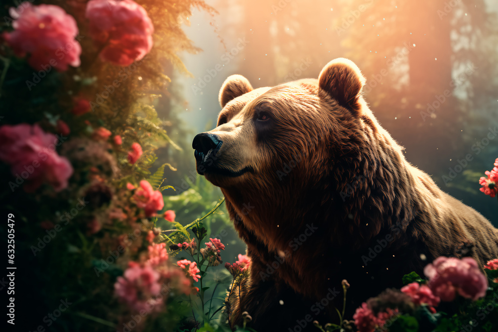 Brown bear on a flower meadow. AI generated.