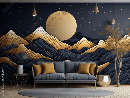 3d modern interior home wall decoration. golden and dark blue mountains  featuring a golden tree with moon dark landscape background generative ai