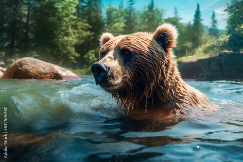 A brown bear swims in the river