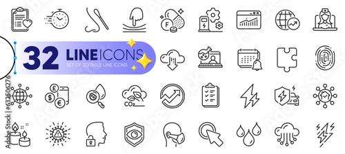 Outline set of Co2 gas, Waterproof and Website statistics line icons for web with Audit, Telemedicine, Car charging thin icon. Fingerprint, Home facility, International globe pictogram icon. Vector