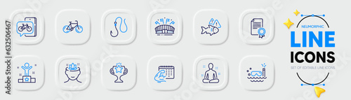 Yoga mind, Bike app and Winner line icons for web app. Pack of Scuba diving, Fitness calendar, Sports arena pictogram icons. Certificate, Yoga, Victory signs. Fish, Hook, Bicycle. Lotus flower. Vector