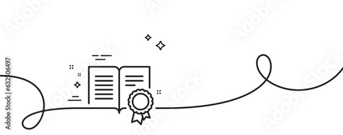 Diploma with Medal line icon. Continuous one line with curl. Certificate document symbol. Approved badge or Winner medal sign. Diploma single outline ribbon. Loop curve pattern. Vector