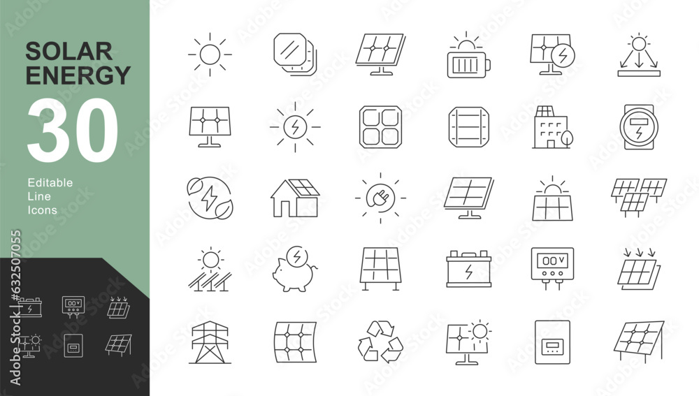 Solar Energy Line Editable Icons set. Vector illustration in modern thin outline style of sun power photovoltaic (PV) home system and renewable electric energy technology signs: house, cell, battery. Solar Energy Line Editable Icons set. Vector illustration in modern thin outline style of sun power photovoltaic (PV) home system and renewable electric energy technology signs: house, cell, battery.
