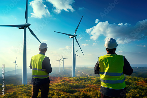 Two engineers work on a huge wind turbine farm, the epitome of alternative energy.