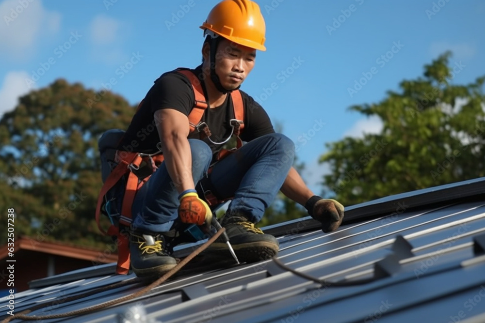 A worker fixing a rooftop and a male installing or fixing a solar panel or rooftop in the daytime. A worker fixing a rooftop and a male installing or fixing a solar panel or rooftop in the daytime.