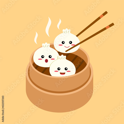 Cute Chinese dumplings dim sum cartoon in flat design.