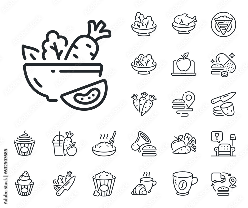 Vegetable food sign. Crepe, sweet popcorn and salad outline icons. Salad line icon. Healthy meal symbol. Salad line sign. Pasta spaghetti, fresh juice icon. Supply chain. Vector