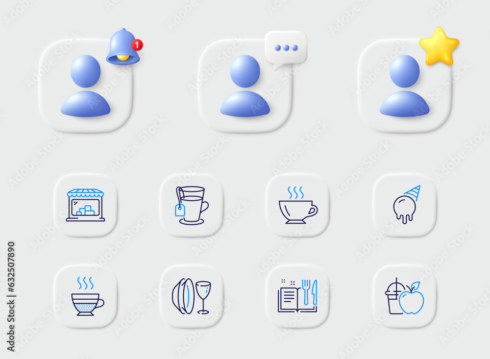 Market, Tea and Cafe creme line icons. Placeholder with 3d star, reminder bell, chat. Pack of Juice, Coffee, Dish plate icon. Recipe book, Ice cream pictogram. For web app, printing. Vector Market, Tea and Cafe creme line icons. Placeholder with 3d star, reminder bell, chat. Pack of Juice, Coffee, Dish plate icon. Recipe book, Ice cream pictogram. For web app, printing. Vector